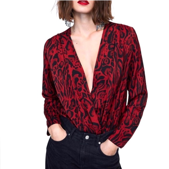 NWT Zara Animal Print Deep V Plunge Draped Wrap Long Sleeve Bodysuit Red Black L - Picture 1 of 16